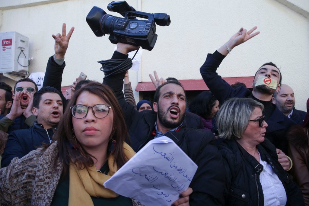 Journalists protest against censorship of the press by the authorities, as part of the demonstrations against the candidacy of President Abdelaziz Bouteflika, in Algiers, Algeria, 28 February 2019, Farouk Batiche/picture alliance via Getty Images