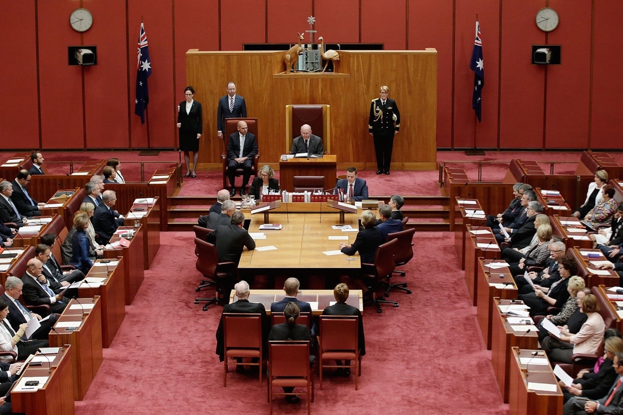 Governor-General Sir Peter Cosgrove speaks during the reopening of Parliament in the Senate chamber at Parliament House in Canberra, Australia, 18 April 2016, Mark Metcalfe/Getty Images