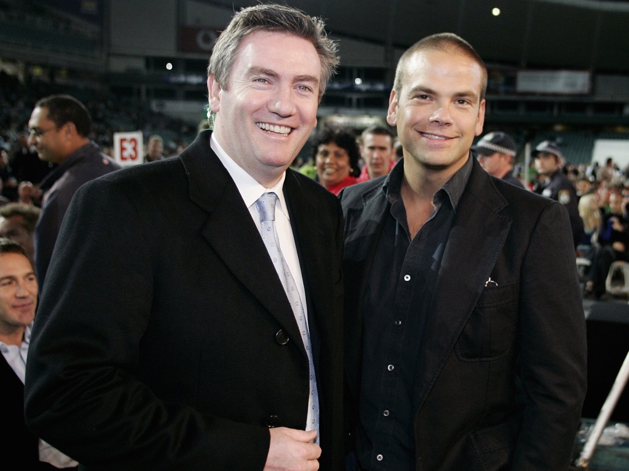 Eddie McGuire, left, pictured at a WBA super-middleweight world title eliminator fight in Sydney, Australia, 17 May 2006, AP Photo/Mark Baker