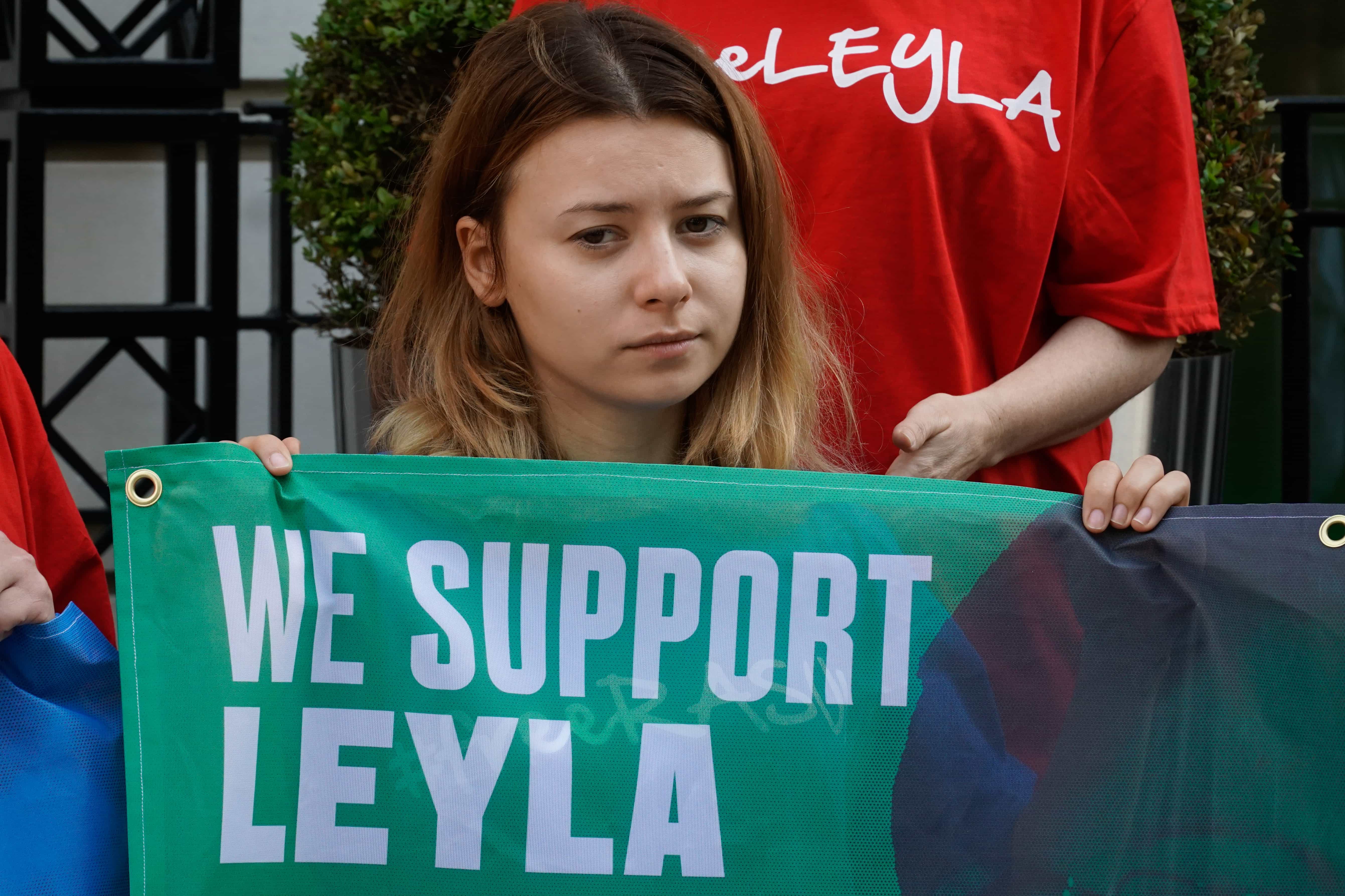 An activist holds a placard demanding the release of Leyla Yunus, during a protest in London, U.K., 12 June 2015, See Li/Demotix