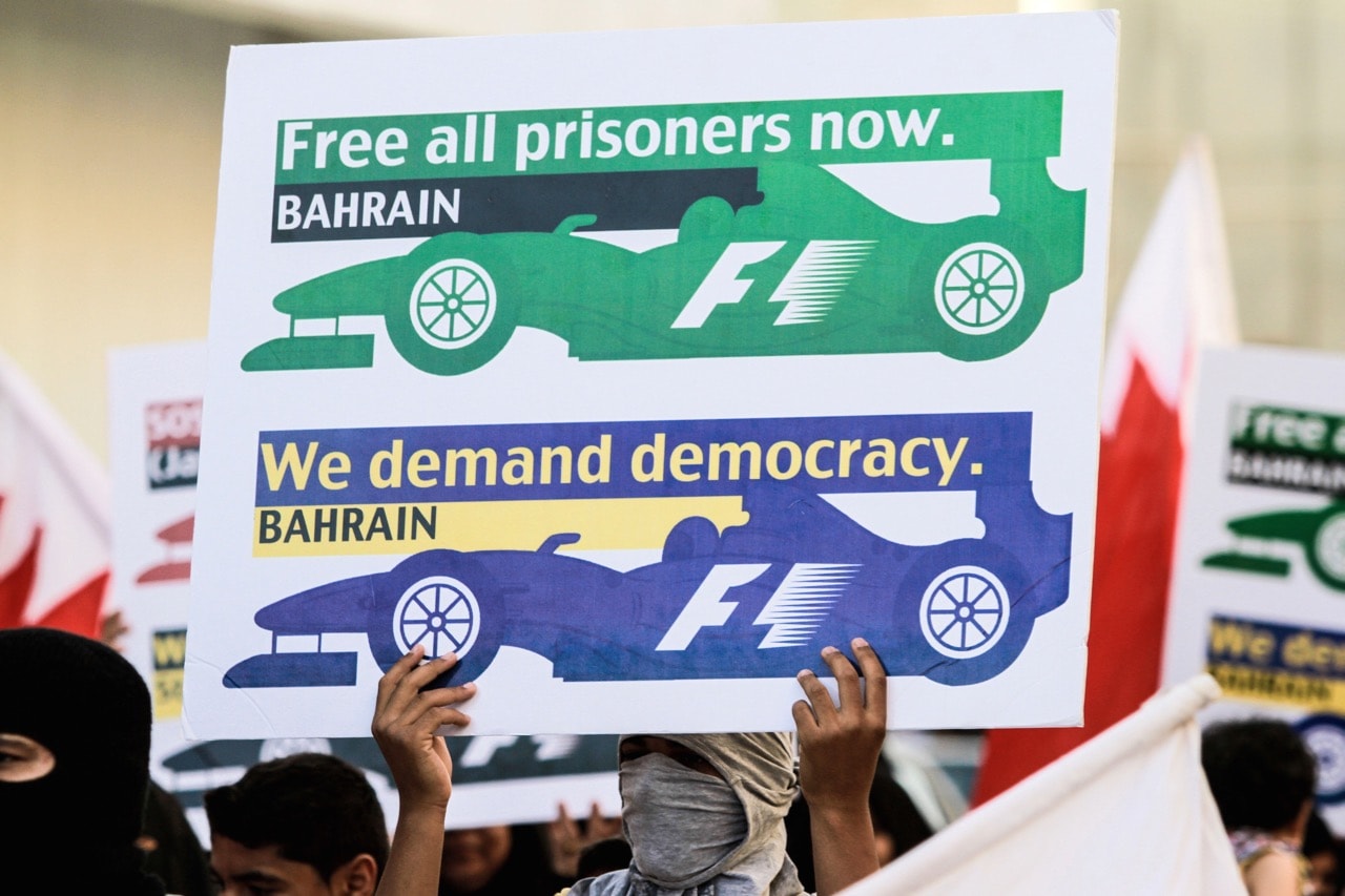 A group of protesters demanding the cancellation of the Formula 1 race during an anti-government demonstration in Manama, Bahrain, 19 April 12015 , Stringer/Anadolu Agency/Getty Images