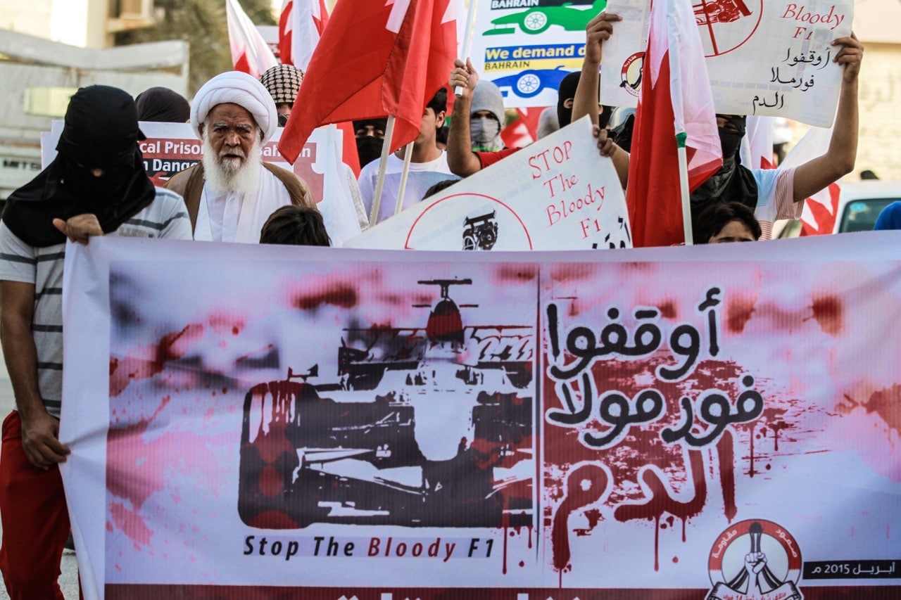 A group of protesters demanding the cancellation of Formula 1 races during a  anti-government demonstration in Manama, Bahrain, 19 April 2015, Stringer/Anadolu Agency/Getty Images