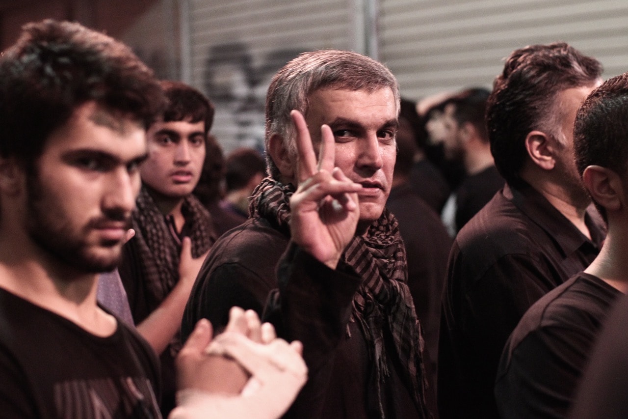 After being released from prison, human rights defender Nabeel Rajab takes part in a gathering in Manama, Bahrain, 3 November 2014, NurPhoto/NurPhoto via Getty Images