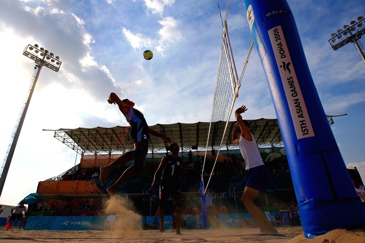 A Men's beach volleyball match between Bahrain and India at the 15th Asian Games in Doha, Qatar, 5 December 2006, Jamie Squire/Getty Images