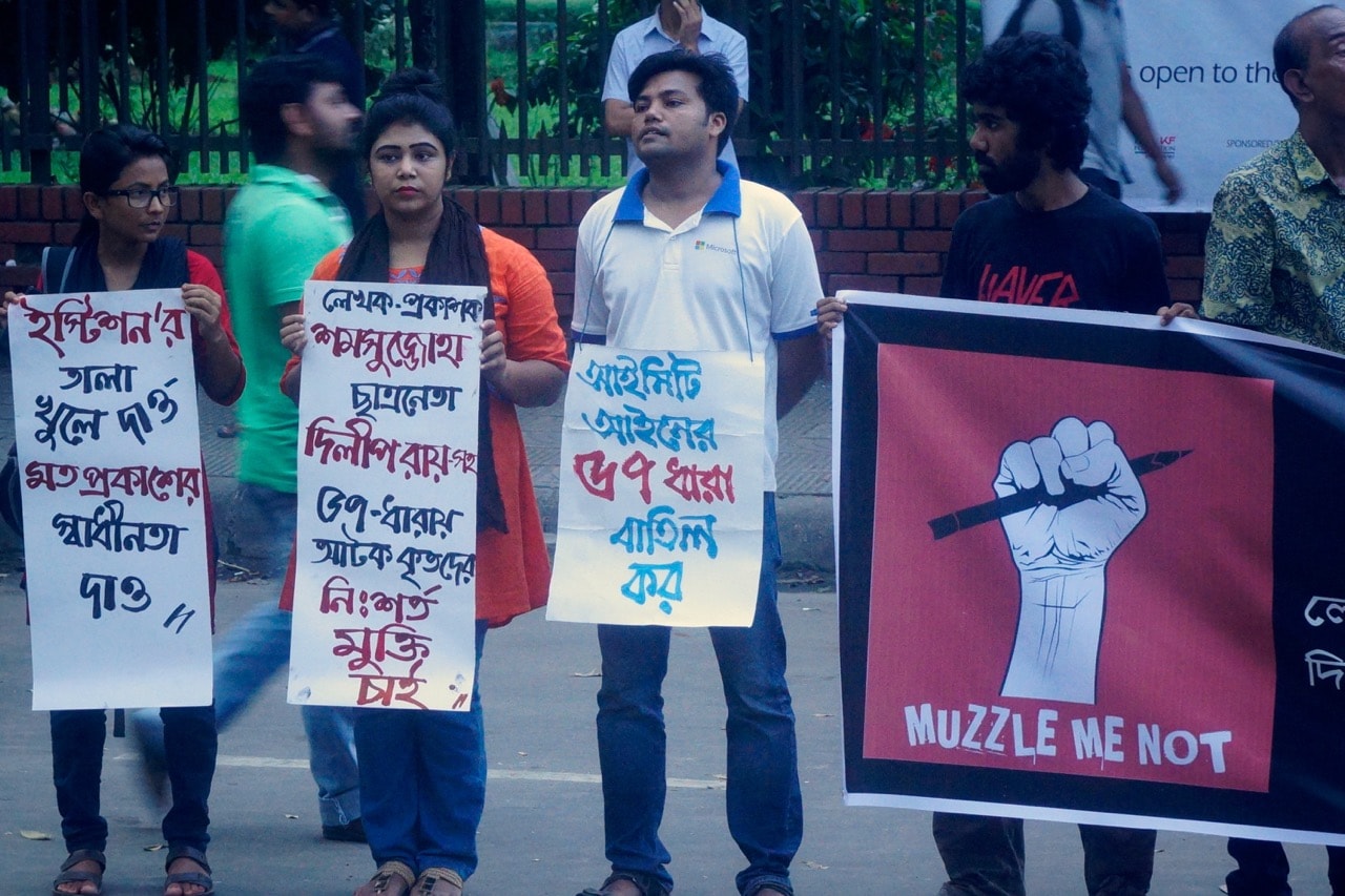 Bangladeshi activists protest for freedom of speech in front of the National Museum, while calling for the removal of section 57 of the ICT law, in Dhaka, 4 October 2016, Md. Mehedi Hasan/Pacific Press/LightRocket via Getty Images