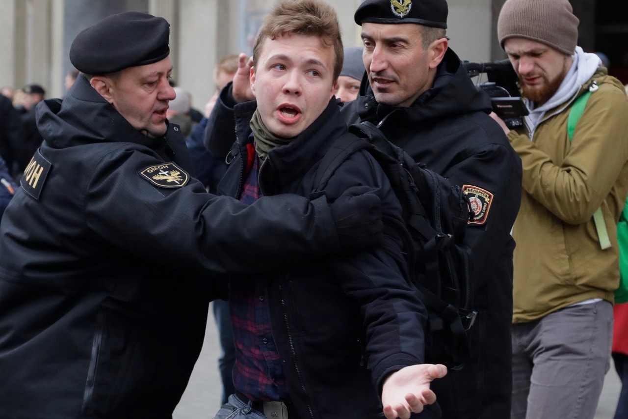 Belarus police detain journalist Raman Pratasevich in Minsk, Belarus, 26 March 2017, AP Photo/Sergei Grits