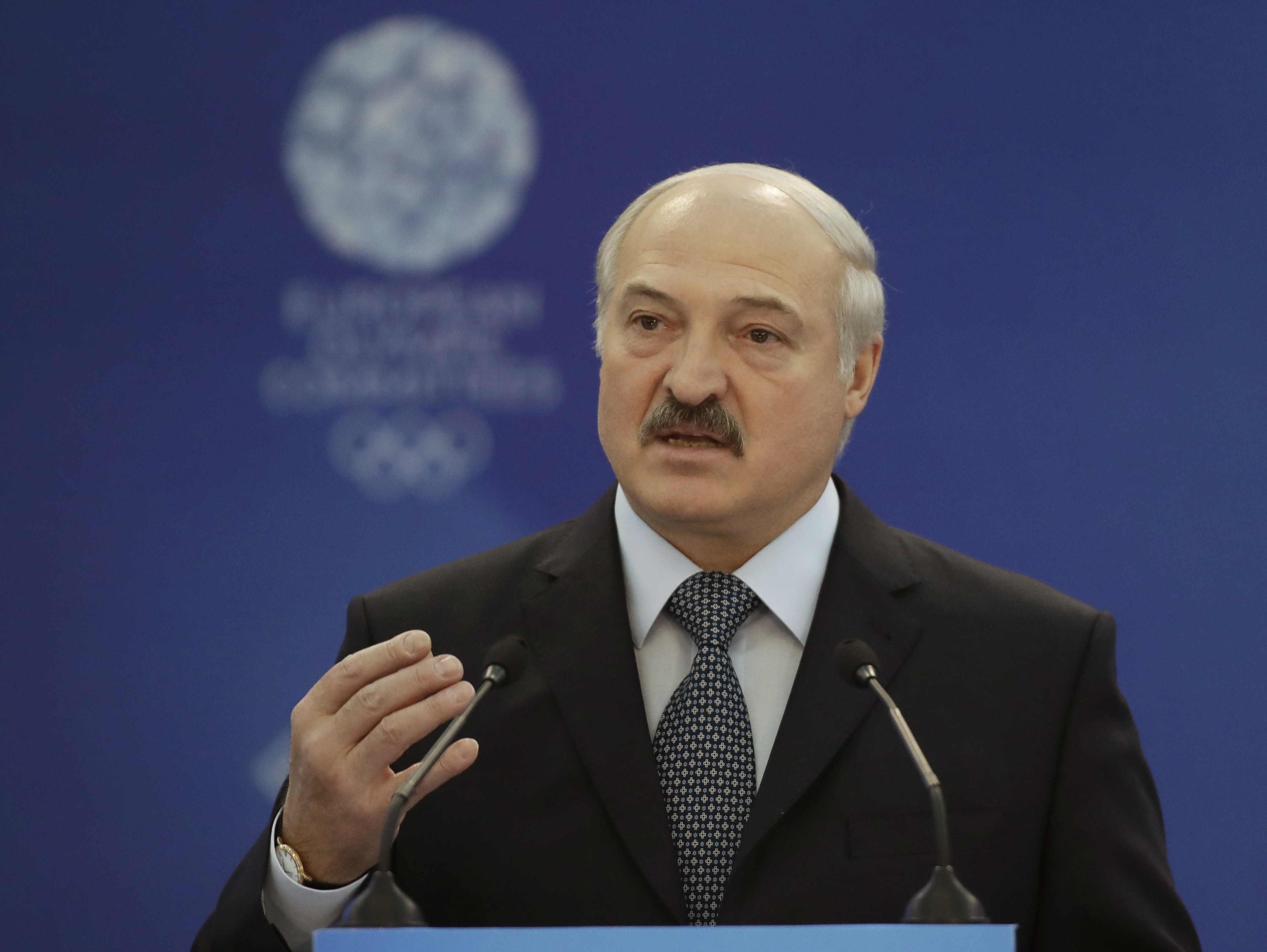 Belarus' President Alexander Lukashenko gestures while speaking at the European Olympic Committees General Assembly in Minsk, Belarus, AP Photo/Sergei Grits, File