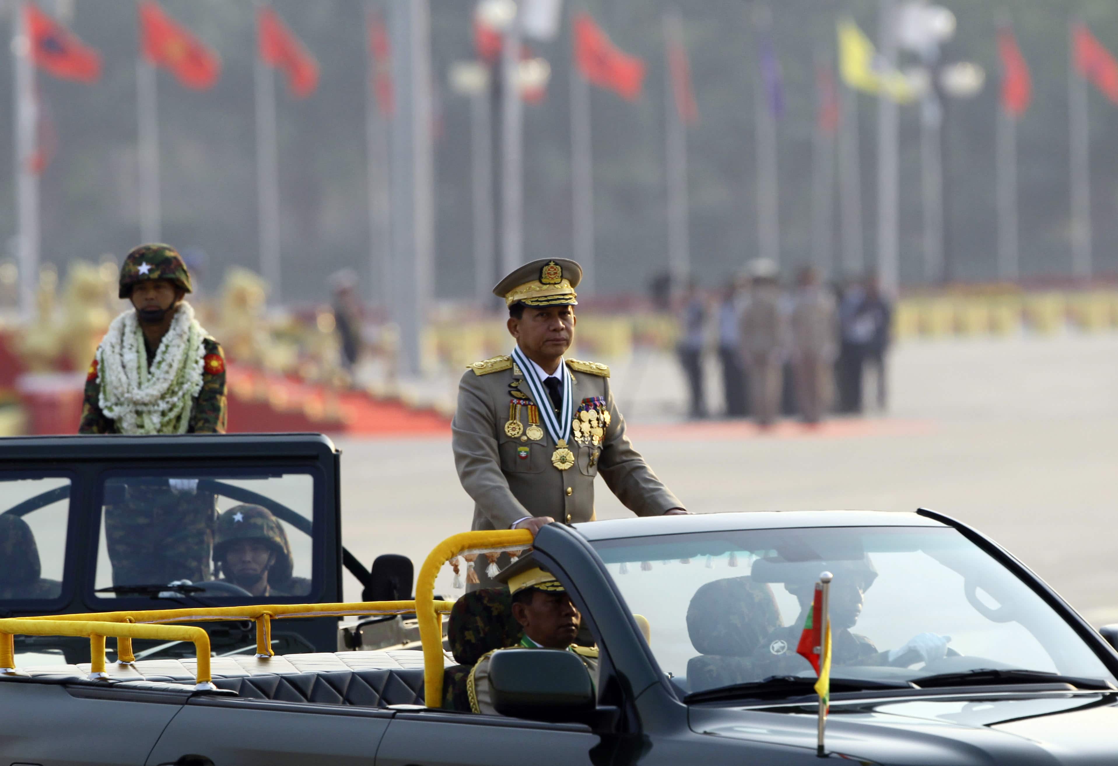 Burma's commander-in-chief, Gen. Min Aung Hlaing inspects officers during a parade to commemorate the 72nd Armed Forces Day in Naypyitaw, 27 March 2017, AP Photo/Aung Shine Oo