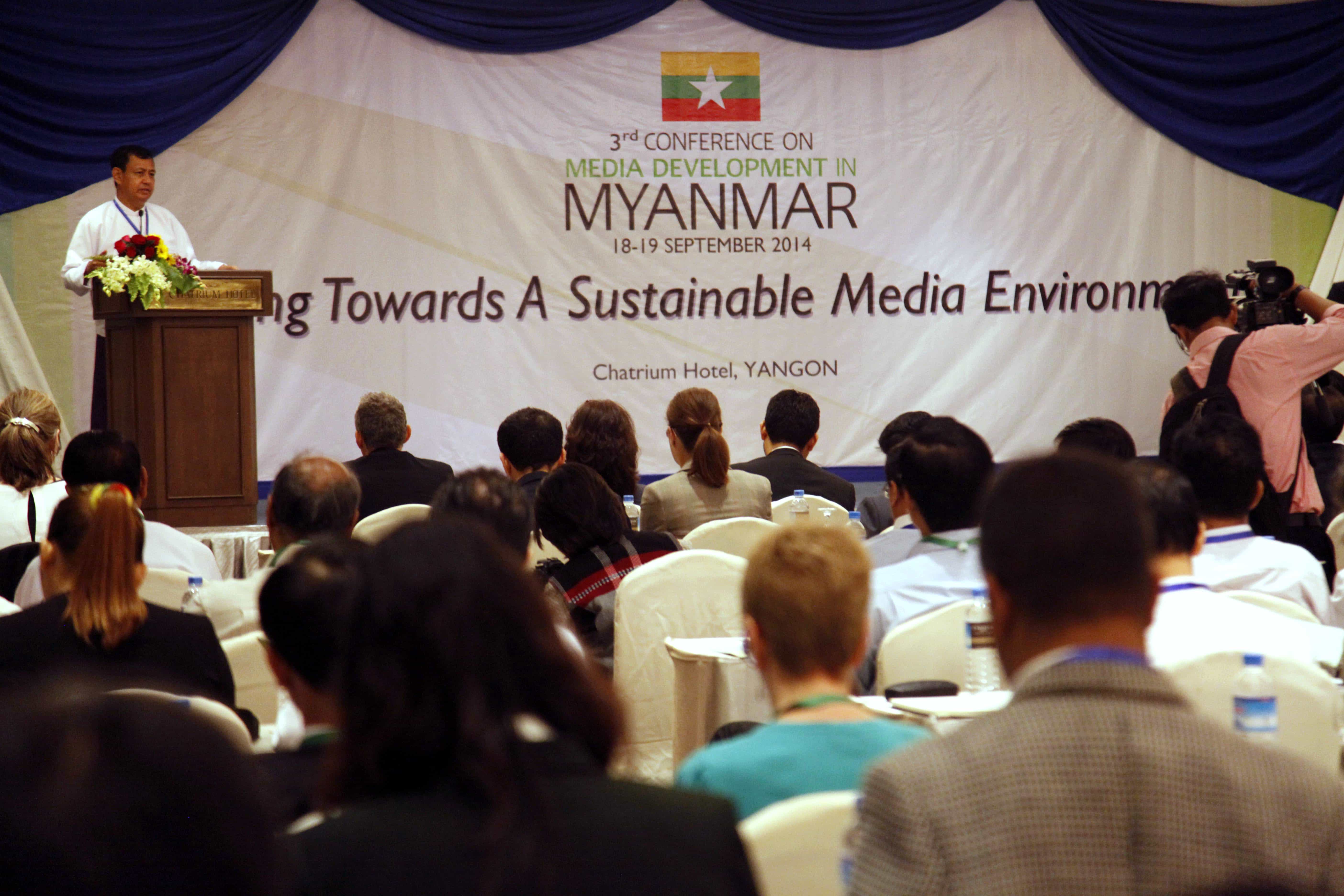 Information Minister Ye Htut speaks during a media forum at a hotel in Yangon, 18 September 2014, AP Photo/Khin Maung Win