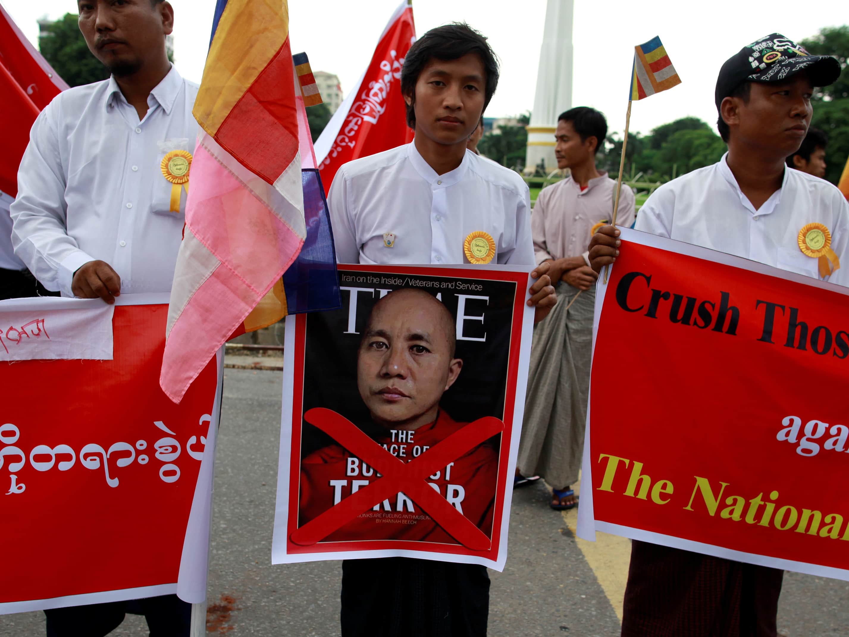 People demonstrate against "Time Magazine" in Yangon, 30 June 2013, over the cover story that dubbed a radical Buddhist monk "The Face of Buddhist Terror", REUTERS/Soe Zeya Tun