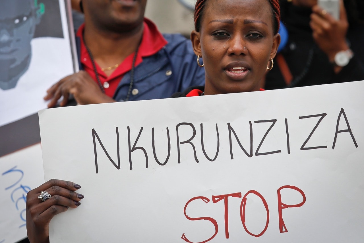 A protest held on 26 April 2016 outside U.N. headquarters in New York, calling for an end to political atrocities and human rights violations unfolding in Burundi, AP Photo/Bebeto Matthews