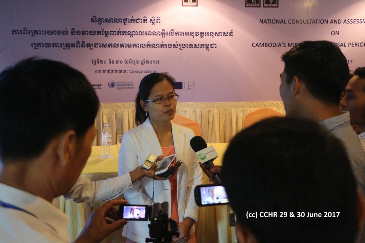 CCHR Executive Director Chak Sopheap speaks to the media during Cambodia's Universal Periodic Review, 29 & 30 June 2017, Facebook/CCHRCambodia