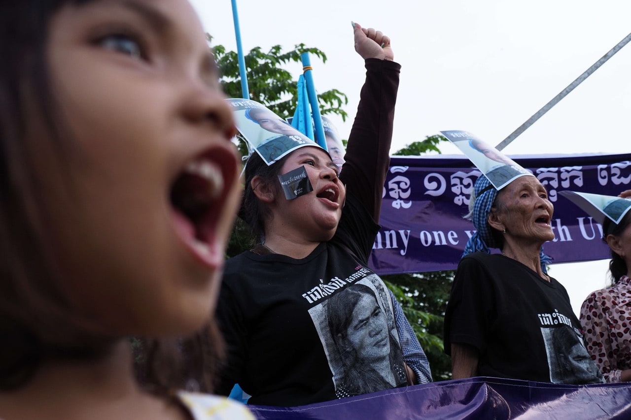 Boeng Kak community activists call for the release of land rights activist Tep Vanny during a rally to mark the one year anniversary of her imprisonment, Phnom Penh, Cambodia, 15 August 2017, Satoshi Takahashi/LightRocket via Getty Images