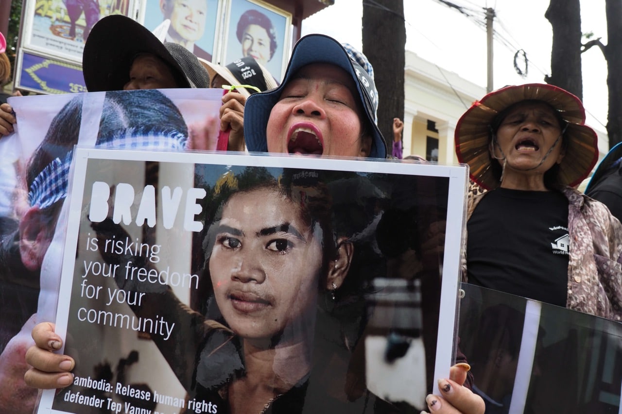 Supporters of detained land rights activist Tep Vanny call for her release outside the Appeal Court in Phnom Penh, Cambodia, 27 July 2017, Satoshi Takahashi/LightRocket via Getty Images