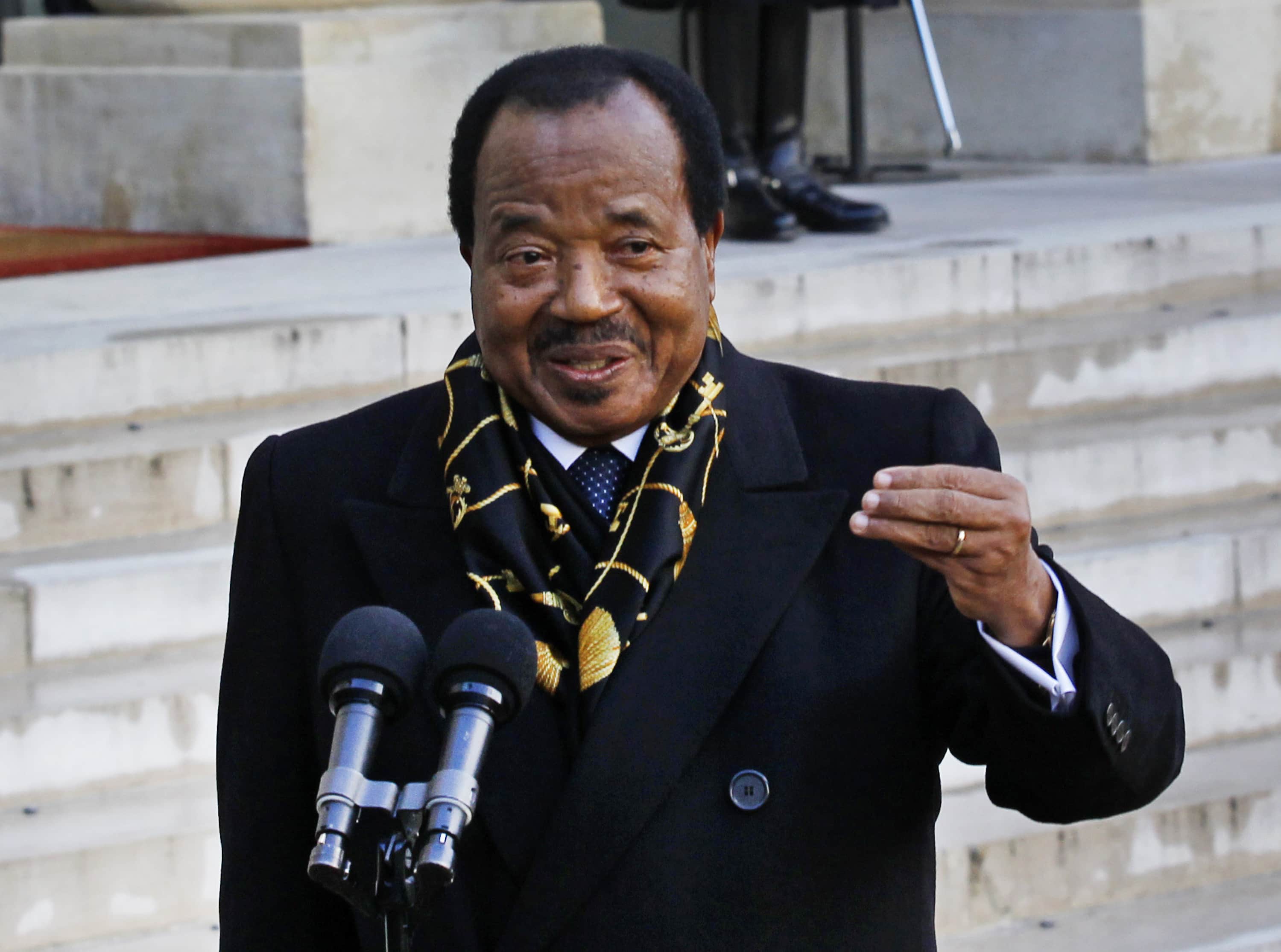 Cameroon's President Paul Biya addresses reporters following his meeting with French President Francois Hollande in January 2013, AP Photo/Remy de la Mauviniere, File