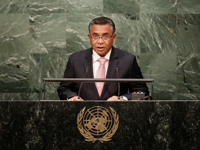 In this 1 October 2015 photo, Prime Minister Rui Maria de Araujo speaks during the 70th session of the United Nations General Assembly, at U.N. headquarters, AP Photo/Julie Jacobson