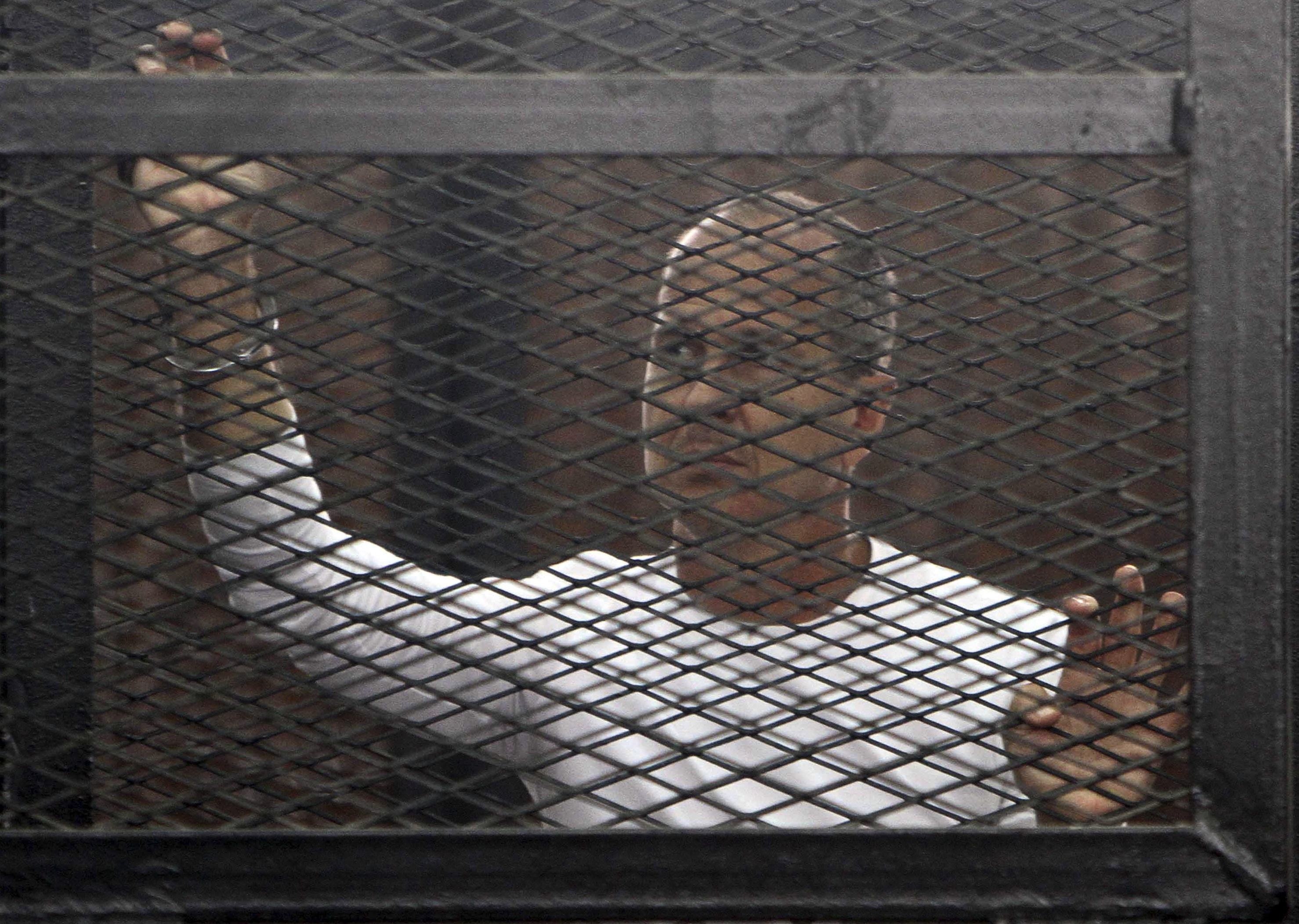 Al Jazeera journalist Peter Greste of Australia stands in a metal cage during his trial in a court in Cairo, 24 March 2014, REUTERS/Al Youm Al Saabi Newspaper