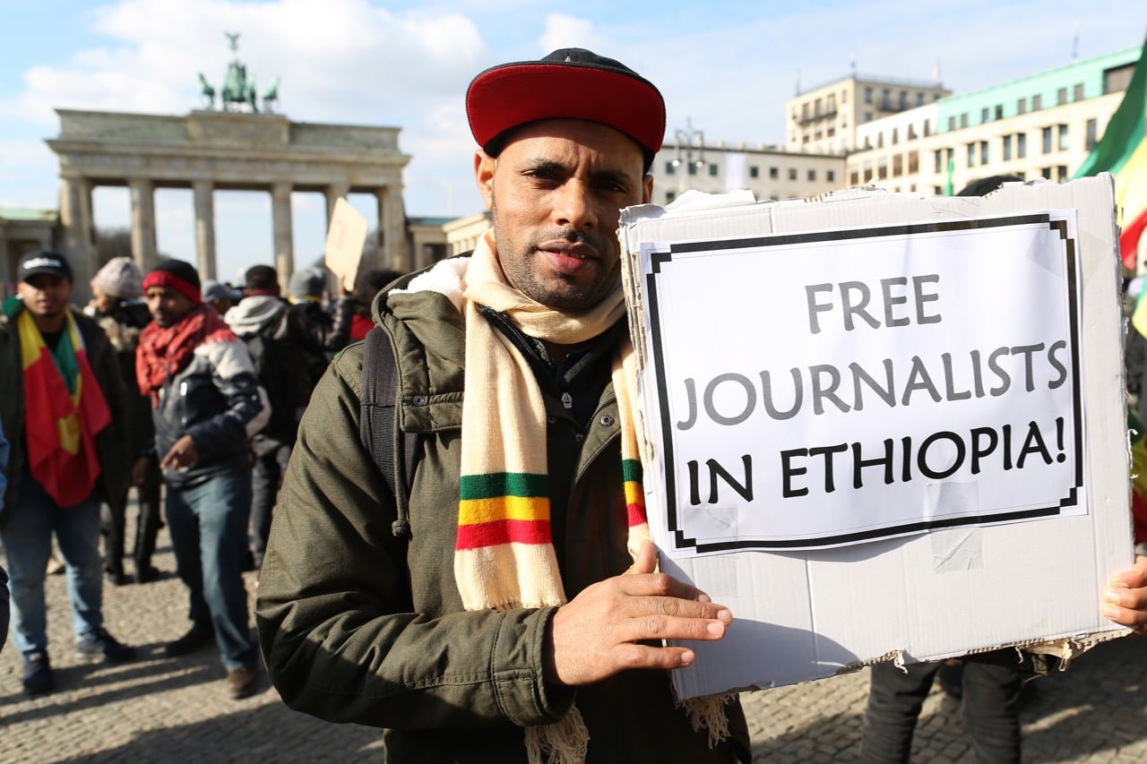 Ethiopians living in Germany call for the release of journalists during a protest in Berlin, 22 February 2018, Adam Berry/Getty Images