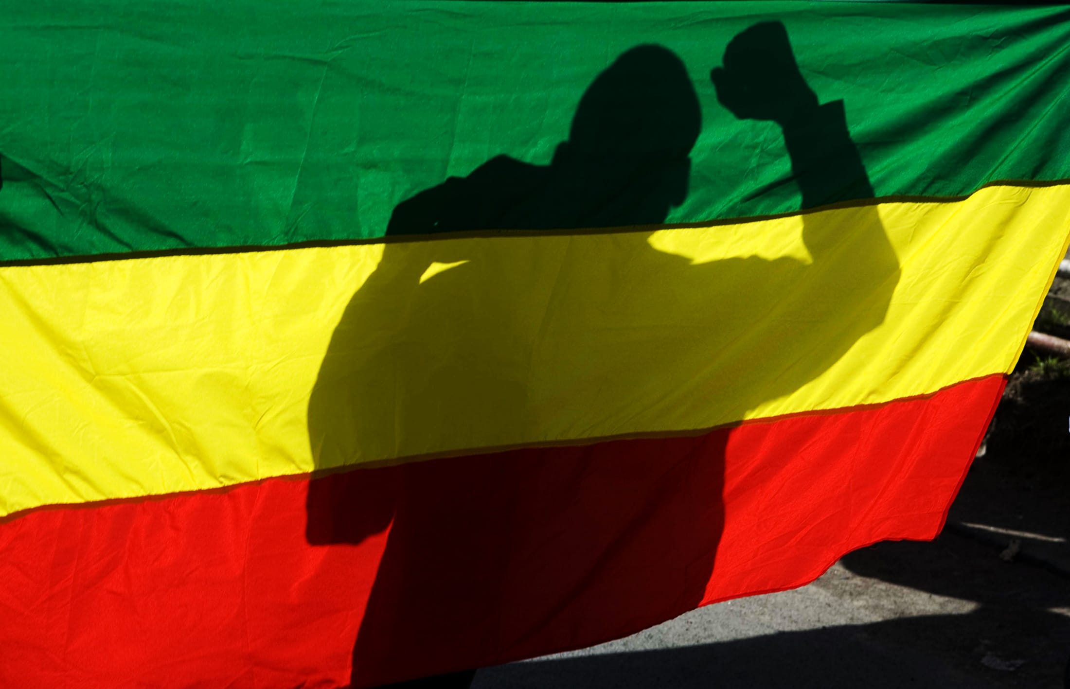 The shadow of a supporter of Ethiopia's Unity for Democracy and Justice party (UDJ) is seen through an Ethiopian flag during a demonstration in the capital Addis Ababa, 16 April 2009., REUTERS/Irada Humbatova
