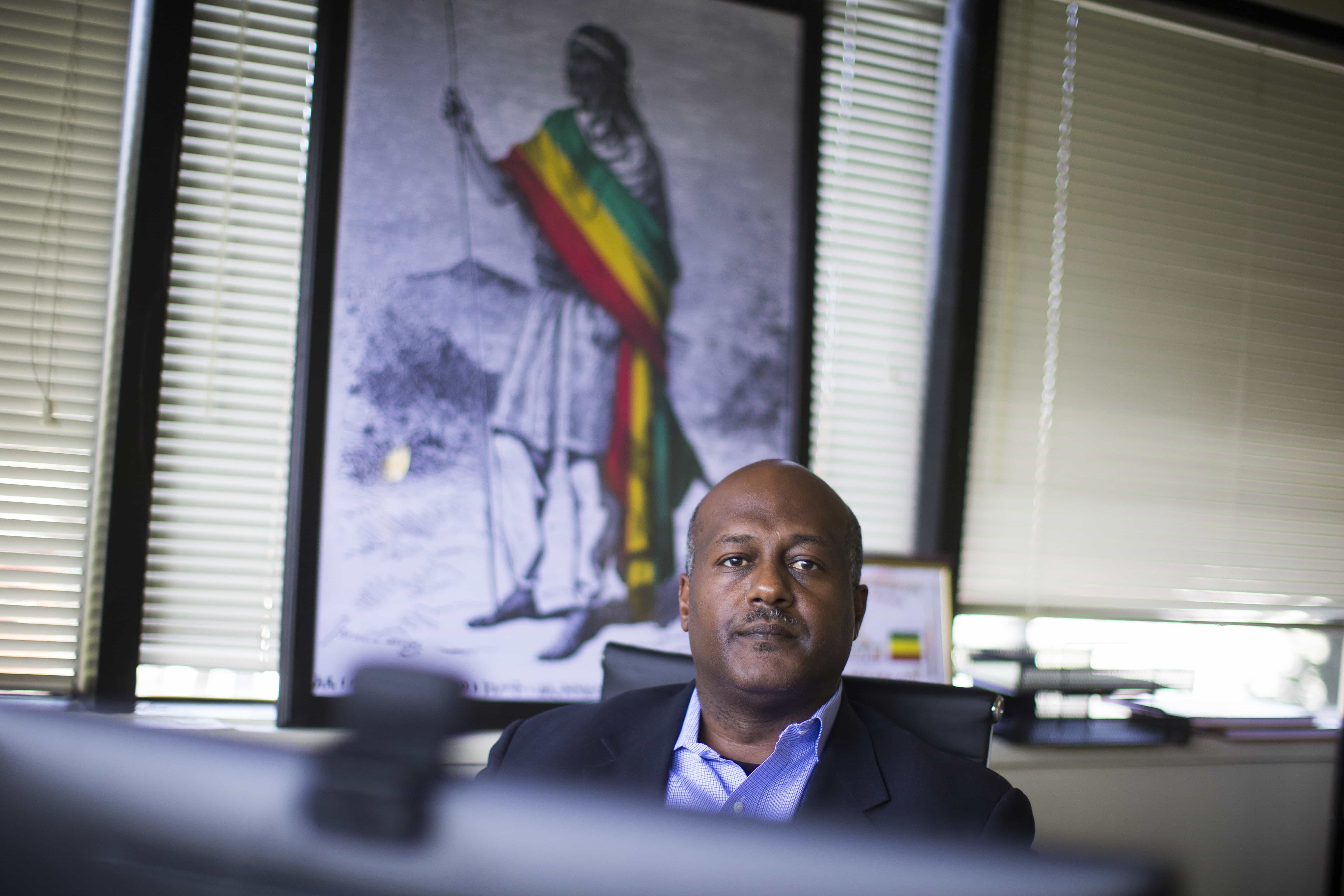 Ethiopian Satellite Television Executive Director Neamin Zeleke is seen in his office in Alexandria, Virginia, 9 March 2015, AP Photo/ Evan Vucci