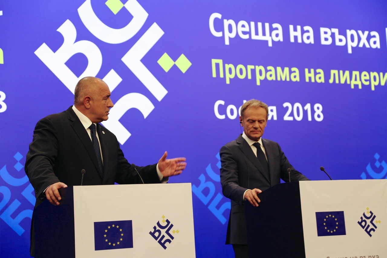 Boyko Borisov (L), Prime Minister of Bulgaria and Donald Tusk (R), European Council President, at the EU-Western Balkans Summit in Sofia, Bulgaria, 17 May 2018, Talha Ozturk/Anadolu Agency/Getty Images