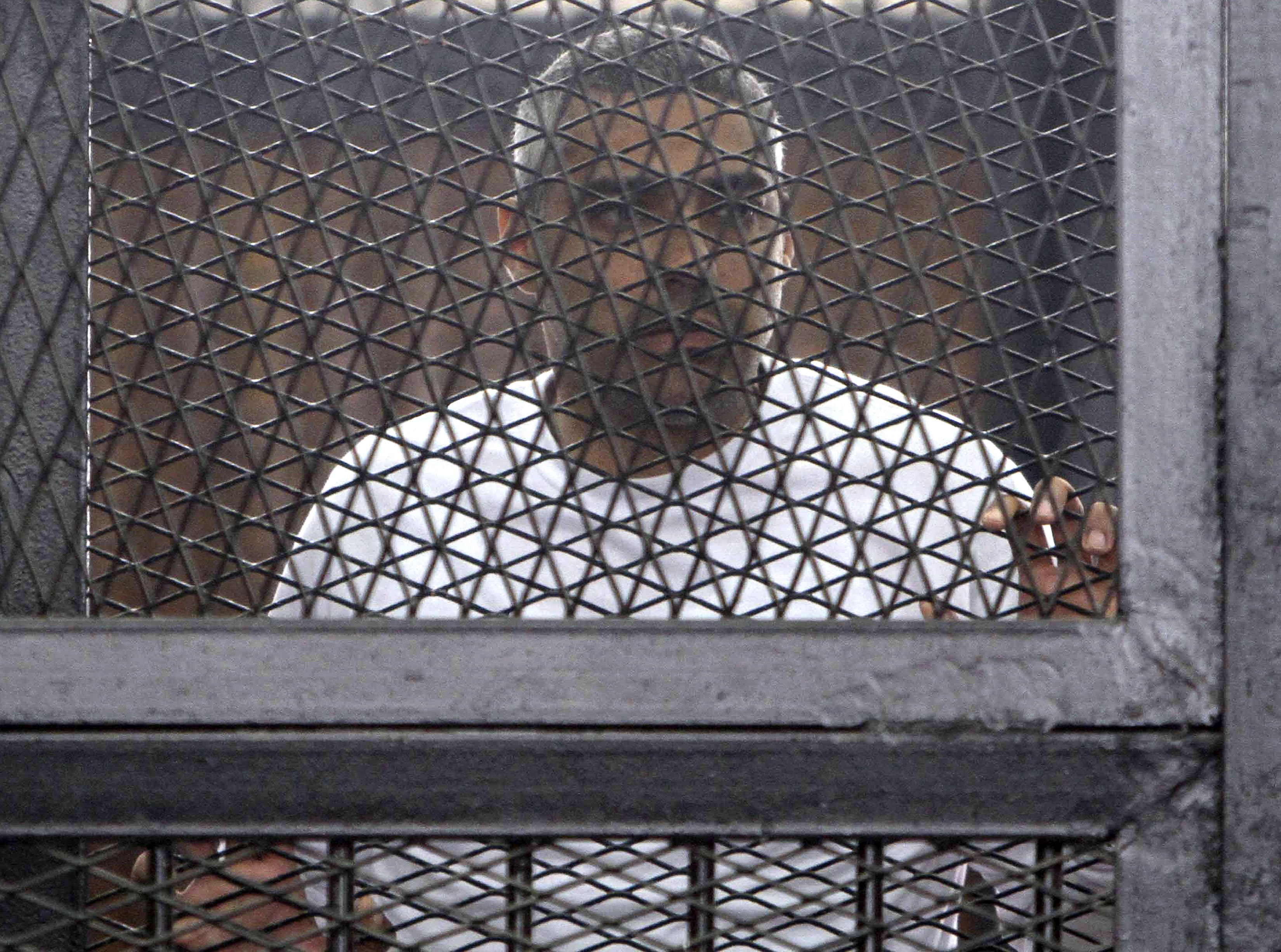 Al Jazeera journalist Mohamed Fahmy, a Canadian-Egyptian national, stands in a metal cage during his trial in a court in Cairo on 24 March 2014, REUTERS/Al Youm Al Saabi Newspaper