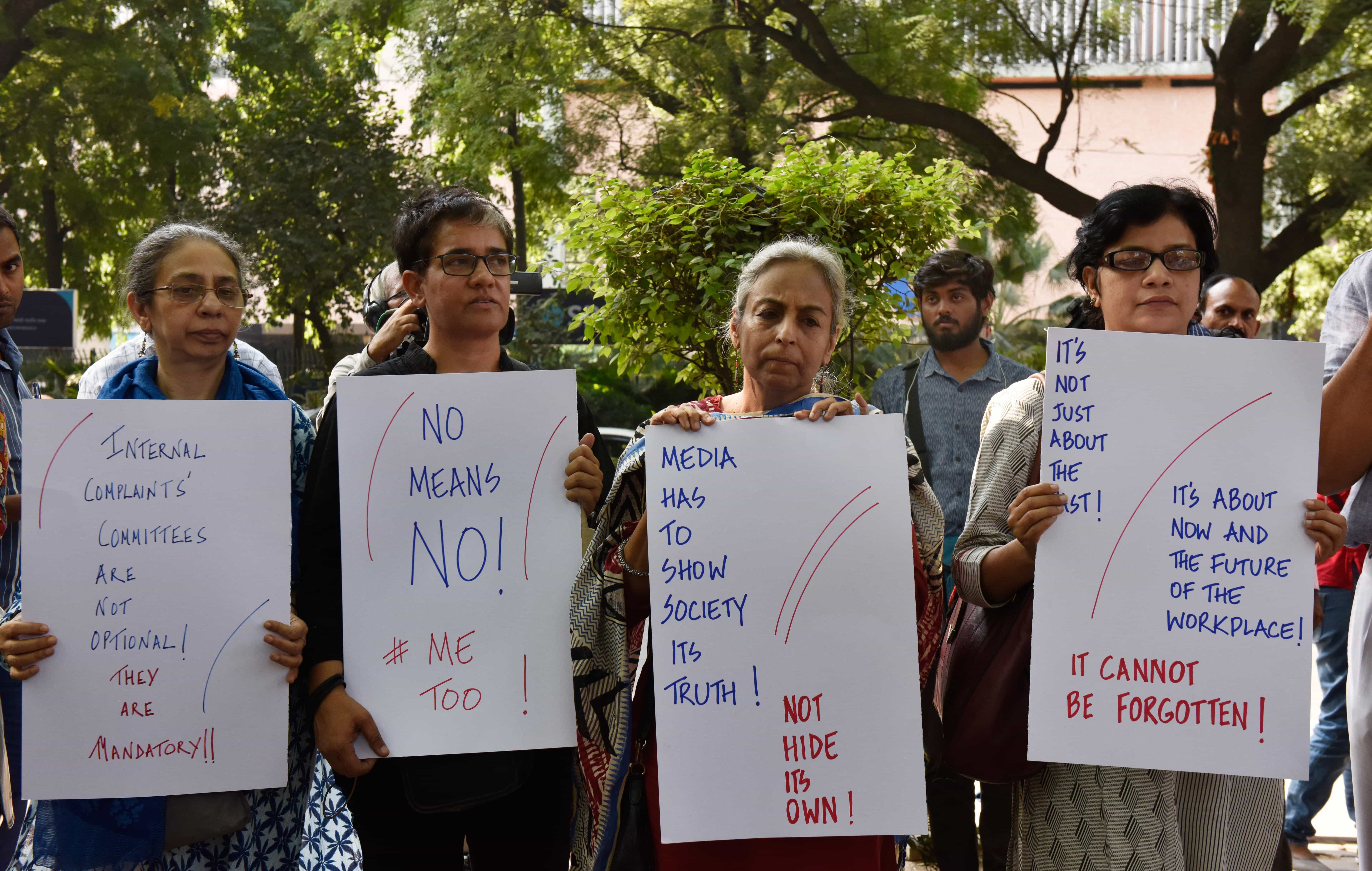 Female journalists stand to protest against the sexual harassment at the workplaces as part of the #MeToo campaign, New Delhi, India, 13 October 2018, Mohd Zakir/Hindustan Times via Getty Images