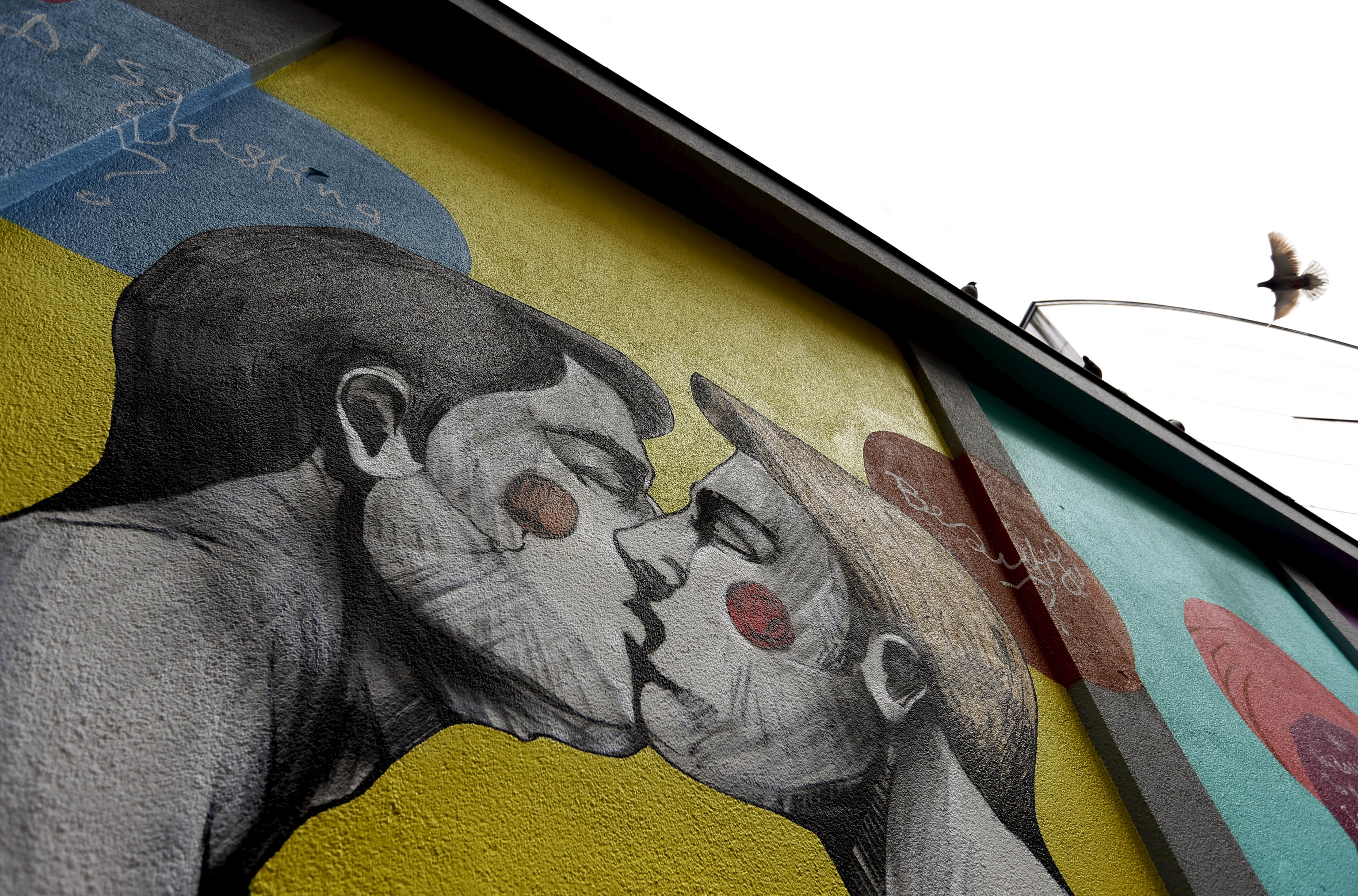 The artwork of Greek artist Fotini Tikkou "Out in the Street" is part of a giant fresco to promote LGBT street art and to fight against homophobia and sexual discriminations, in central Brussels, Belgium May 1, 2015,  REUTERS/Francois Lenoir