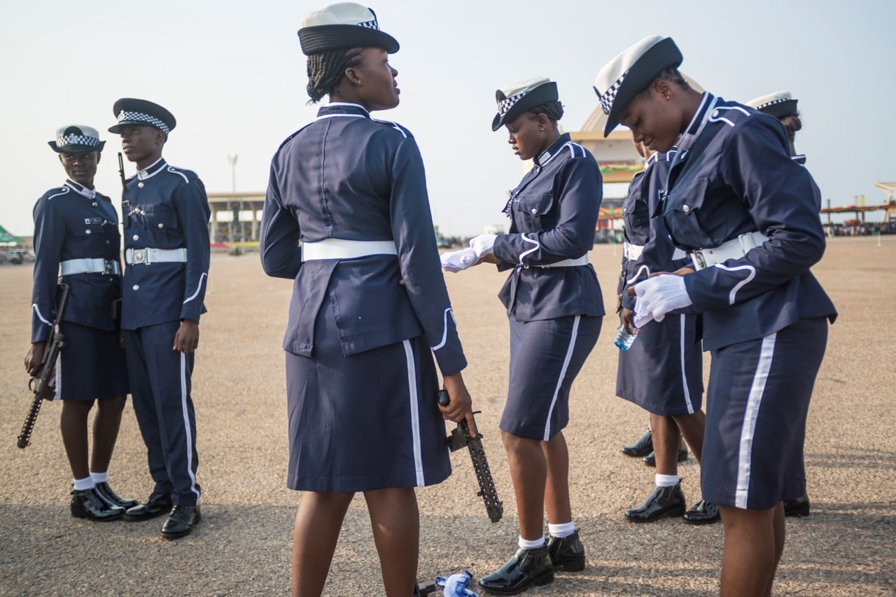 Police officers gather in Independence Square ahead of celebrations for the 60th anniversary of Ghana's independence in Accra, 6 March 2017, Jordi Perdigo/Anadolu Agency/Getty Images