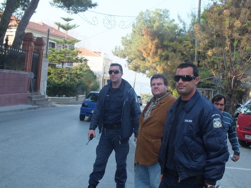 Police arrest Greek journalist Stratis Balaskas for insult in 2013. An appeals court upheld a guilt verdict against Balaskas in July 2016. , Photo courtesy of Stratis Balaskas/IPI