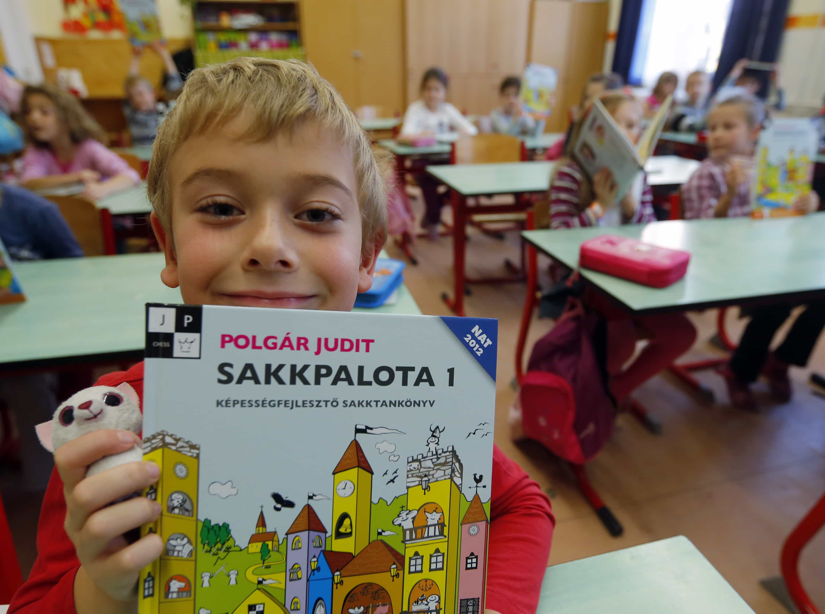 A boy holds a textbook of the Chess Palace teaching programme at the Dezso Lemhenyi school in Budapest, 15 October 2013., REUTERS/Laszlo Balogh