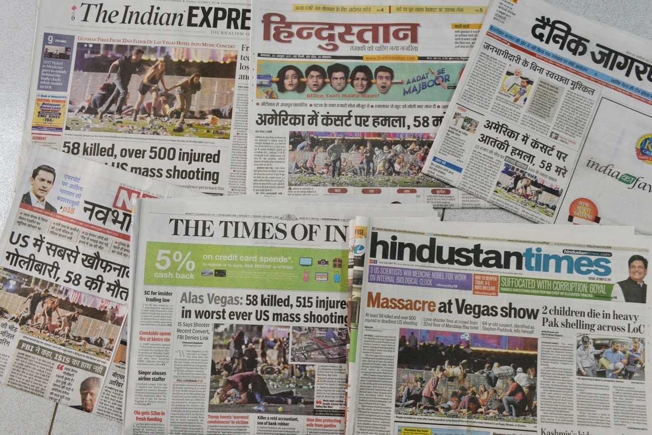 Front pages of Indian newspapers in New Delhi, 3 October 2017, MONEY SHARMA/AFP/Getty Images