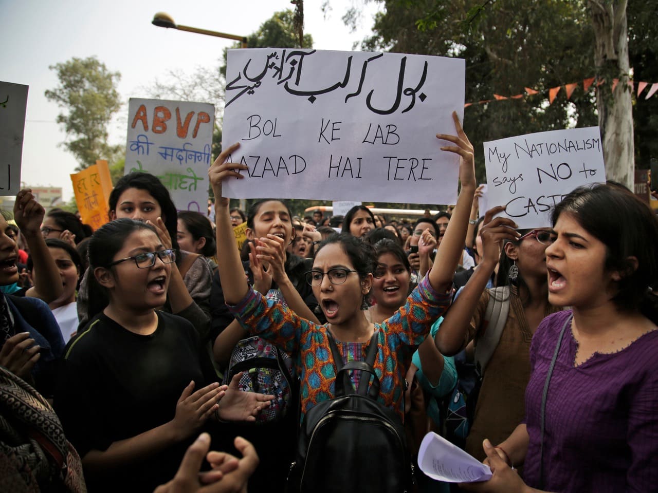 College students participate in a protest rally against the ABVP in New Delhi, 28 February 2017, AP Photo/Altaf Qadri