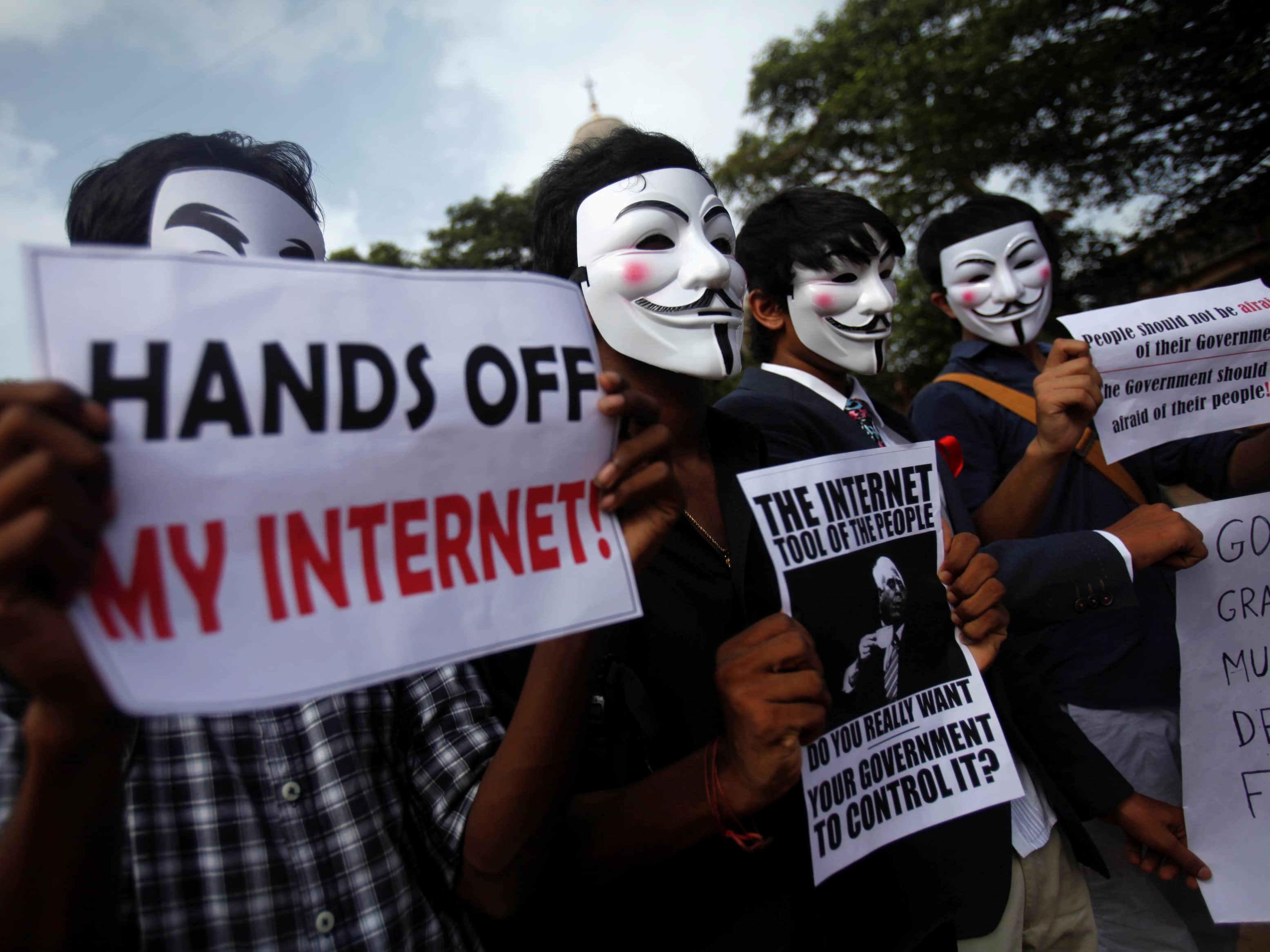 In June 2012, protesters from the Anonymous India group of hackers demonstrated in Mumbai against laws they said gave the government control over censorship of Internet usage, REUTERS/Vivek Prakash