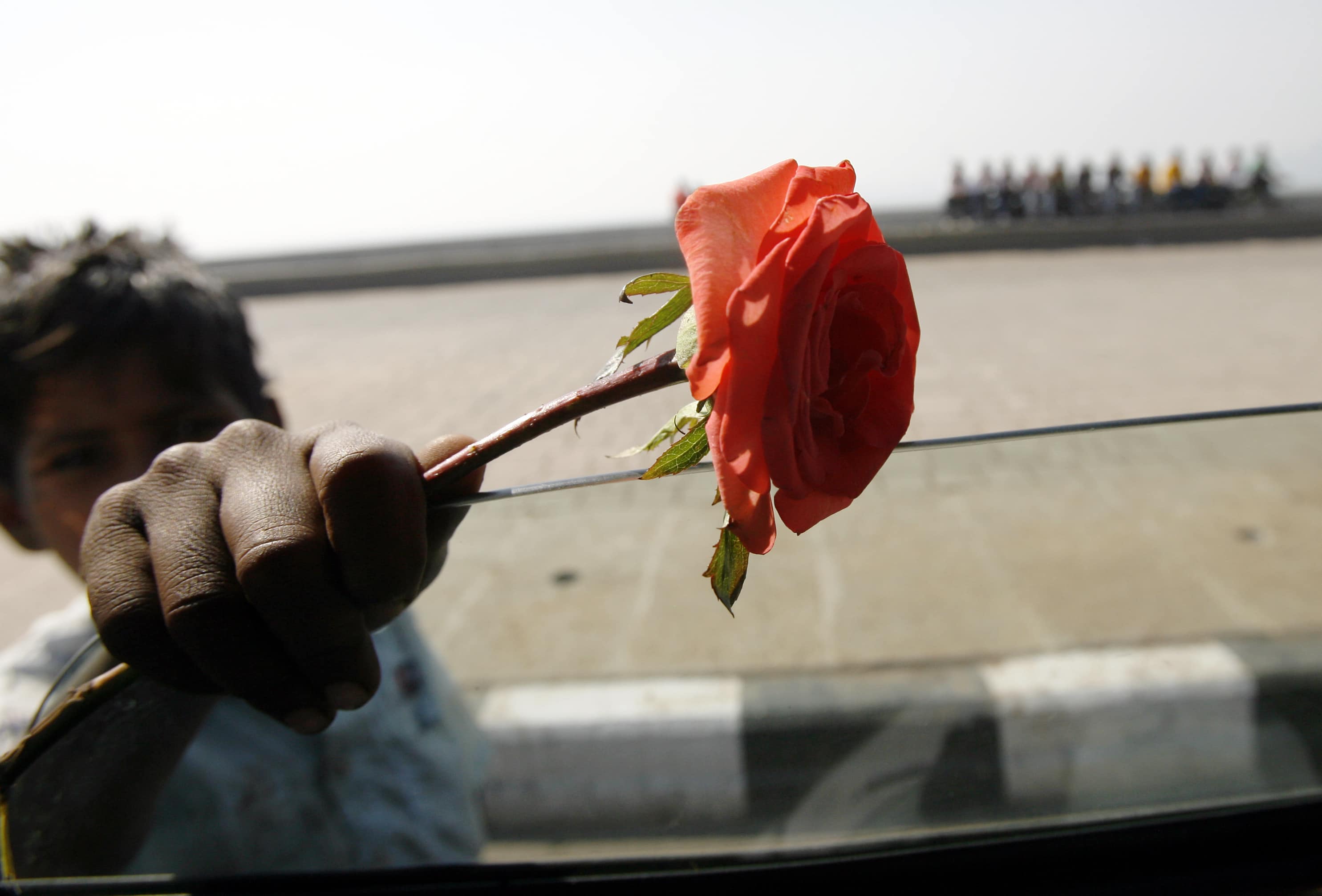 A young hawker sells roses on Valentine's Day in Mumbai, 14 February 2008 , REUTERS/Arko Datta (INDIA)