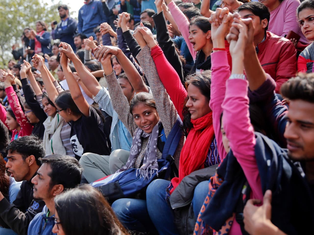 Students take part in a protest at the Jawaharlal Nehru University against the arrest of a student union leader in New Delhi, 16 February 2016, AP Photo /Tsering Topgyal