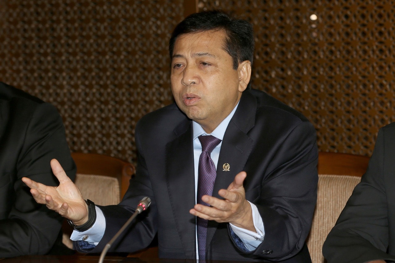 Indonesian House Speaker Setya Novanto speaks during a press conference in Jakarta, Indonesia, 18 July 2017, AP Photo/Tatan Syuflana