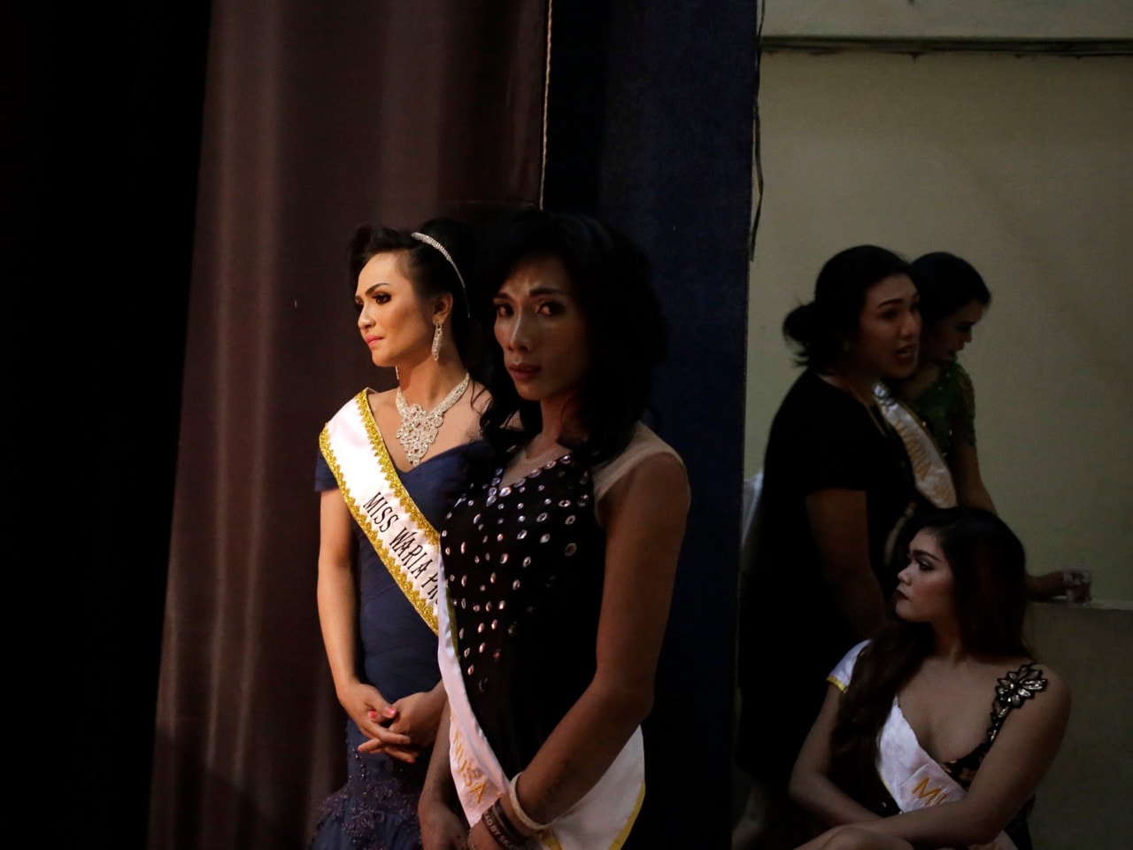 On 11 November 2016, contestants wait backstage during the Miss Transgender Indonesia pageant in Jakarta. Opposition from Islamic hardliner groups prevented the long-running event twice in recent years, AP Photo/Dita Alangkara