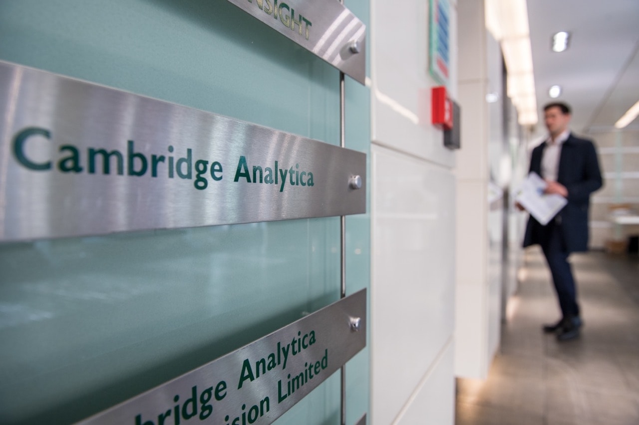 A sign for Cambridge Analytica in the lobby of the building where the company is based, London, England, 21 March 2018, Chris J Ratcliffe/Getty Images