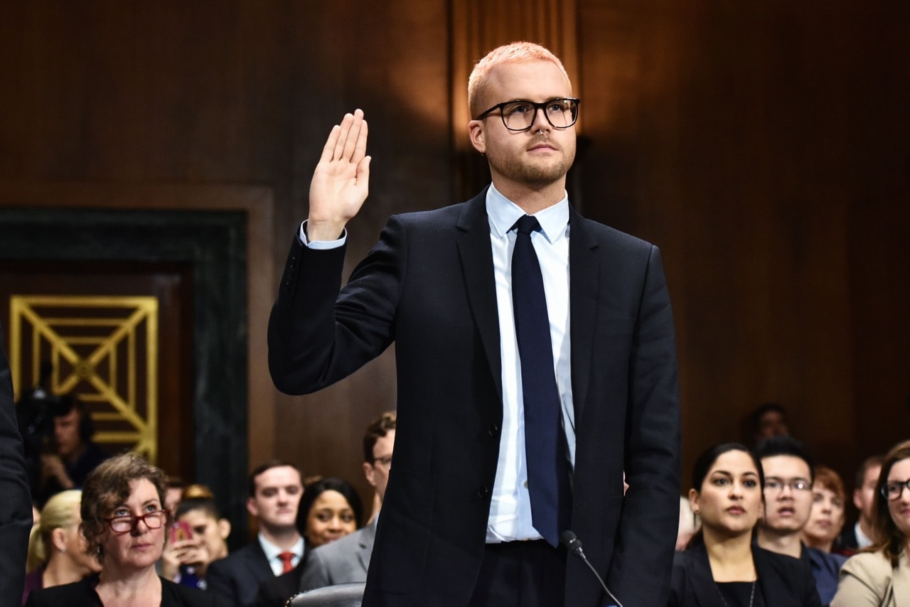 Cambridge Analytica former employee and whistleblower Christopher Wylie is sworn in before he testifies at the Senate Judiciary Committee on Cambridge Analytica and data privacy in Washington, DC 16 May 2018, MANDEL NGAN/AFP/Getty Images