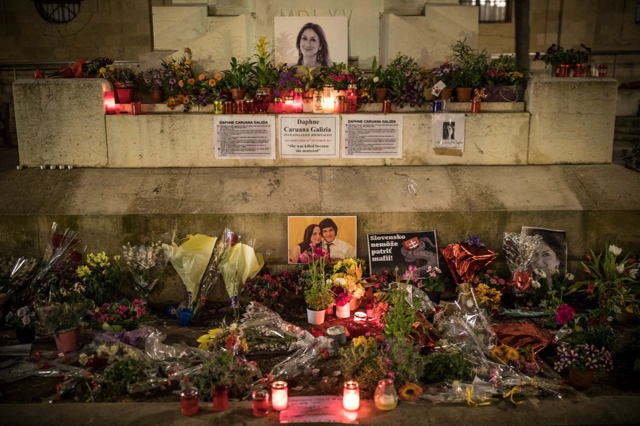 Flowers and tributes for the murdered Maltese journalist Daphne Caruana Galizia and Slovak journalists Jan Kuciak and his fiancee Martina Kusnirova, lay at the foot of the Great Siege monument in Valletta, Malta, 9 March 2018 , Dan Kitwood/Getty Images for the Daphne Project
