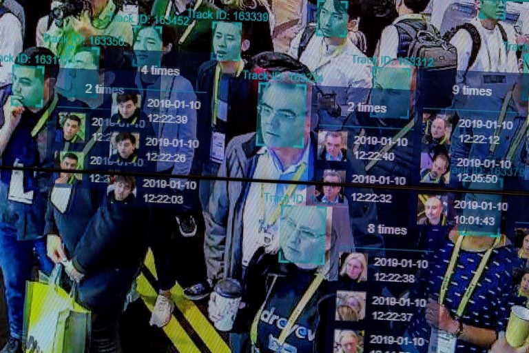 A live demonstration uses artificial intelligence and facial recognition in dense crowd spatial-temporal technology at an exhibit during the CES (Consumer Electronics Show) in Las Vegas, USA, 10 January 2019, DAVID MCNEW/AFP/Getty Images