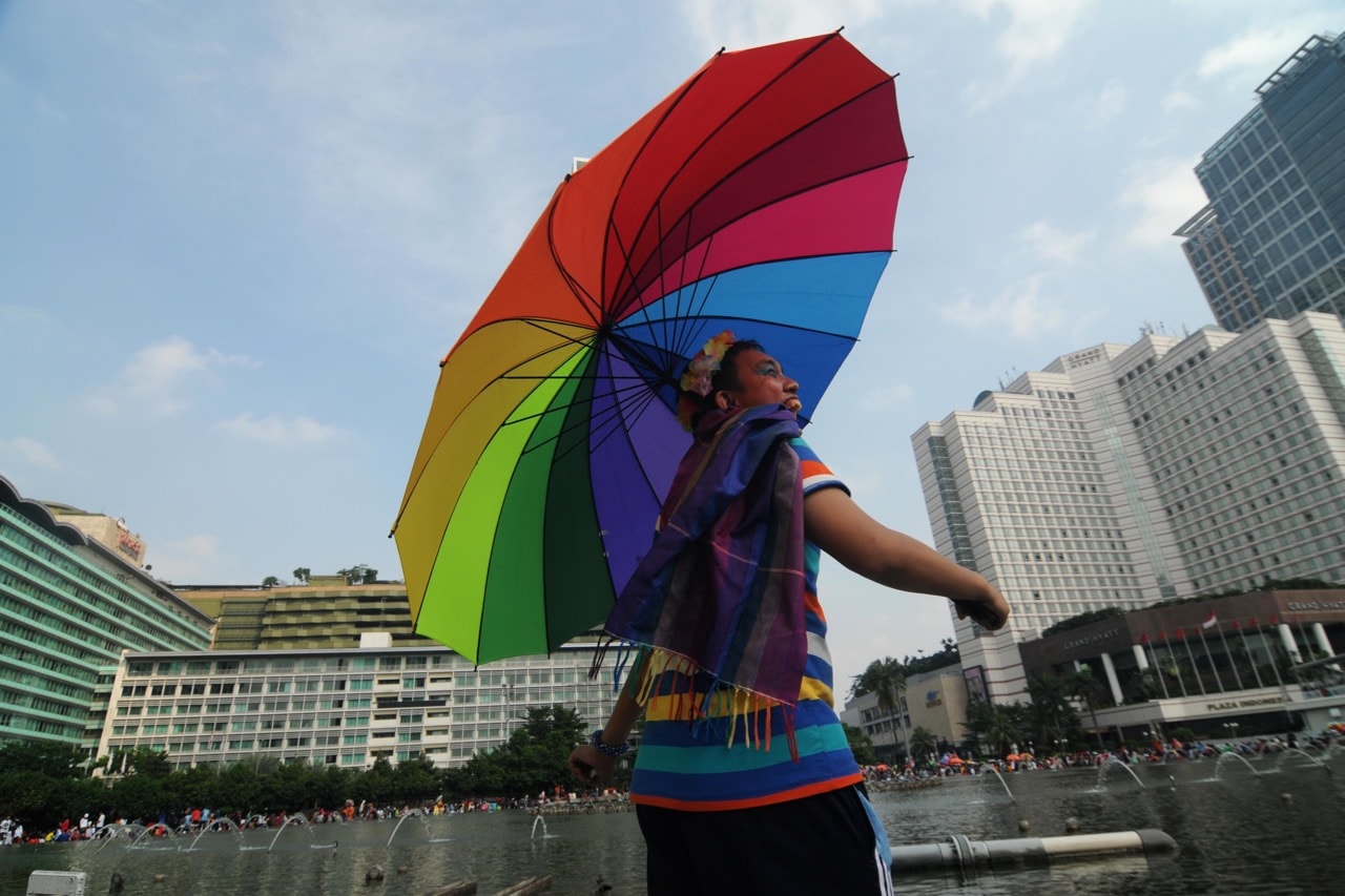 A participant in a march marking the International Day Against Homophobia, Biphobia and Transphobia (IDAHOT) in Jakarta, Indonesia, 17 May 2018, NurPhoto/NurPhoto via Getty Images