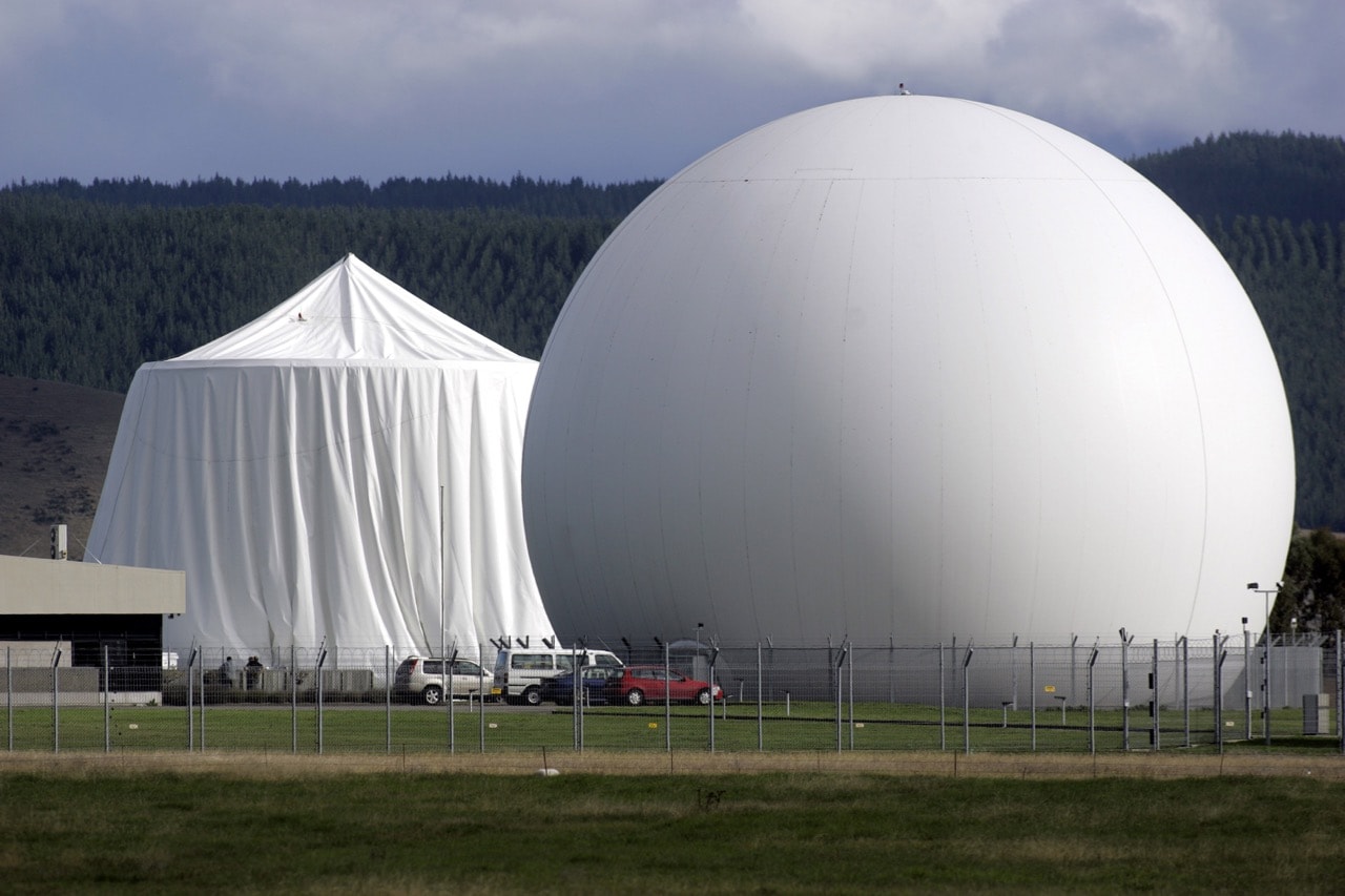 This April 30 2008 photo shows a satellite communications dome at Waihopai satellite communications interception station near Blenheim, New Zealand; Waihopai satellite communications is part of the Five Eyes Alliance, AP Photo/New Zealand Herald, Tim Cuff