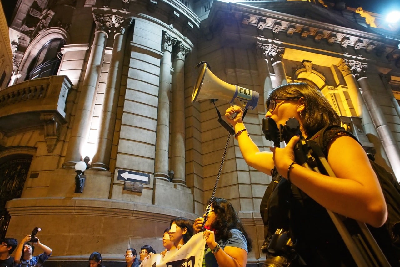 Photojournalists hold a sit-in in front of the publishing house of the newspapers 'El Comercio' and 'Peru 21' demanding that they cover medical expenses for a journalist injured on assignment, in Lima, Peru, 24 January 2017, Fotoholica Press/LightRocket via Getty Images