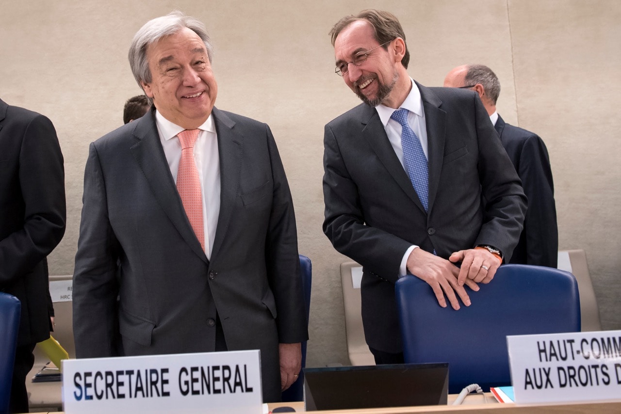 UN Secretary General Antonio Guterres (L) and UN High Commissioner for Human Rights Zeid Ra'ad Al Hussein stand during the 37th session of the UN Human Rights Council in Geneva, on 26 February 2018, JEAN-GUY PYTHON/AFP/Getty Images