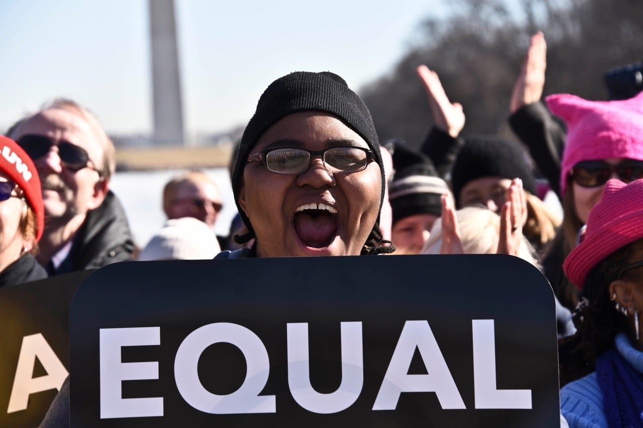 Christina Dawson of Virginia joined thousands of demonstrators on the first anniversary of the Women's March, in Washington, D.C., 20 January 2018, J.M. Giordano/SOPA Images/LightRocket via Getty Images