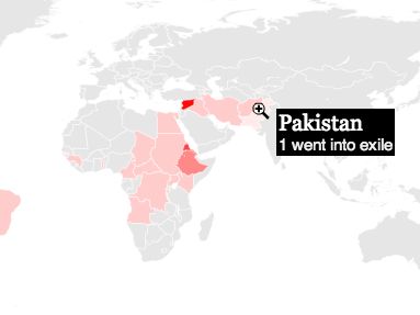 Screenshot of a map detailing cases of journalists assisted by CPJ, CPJ