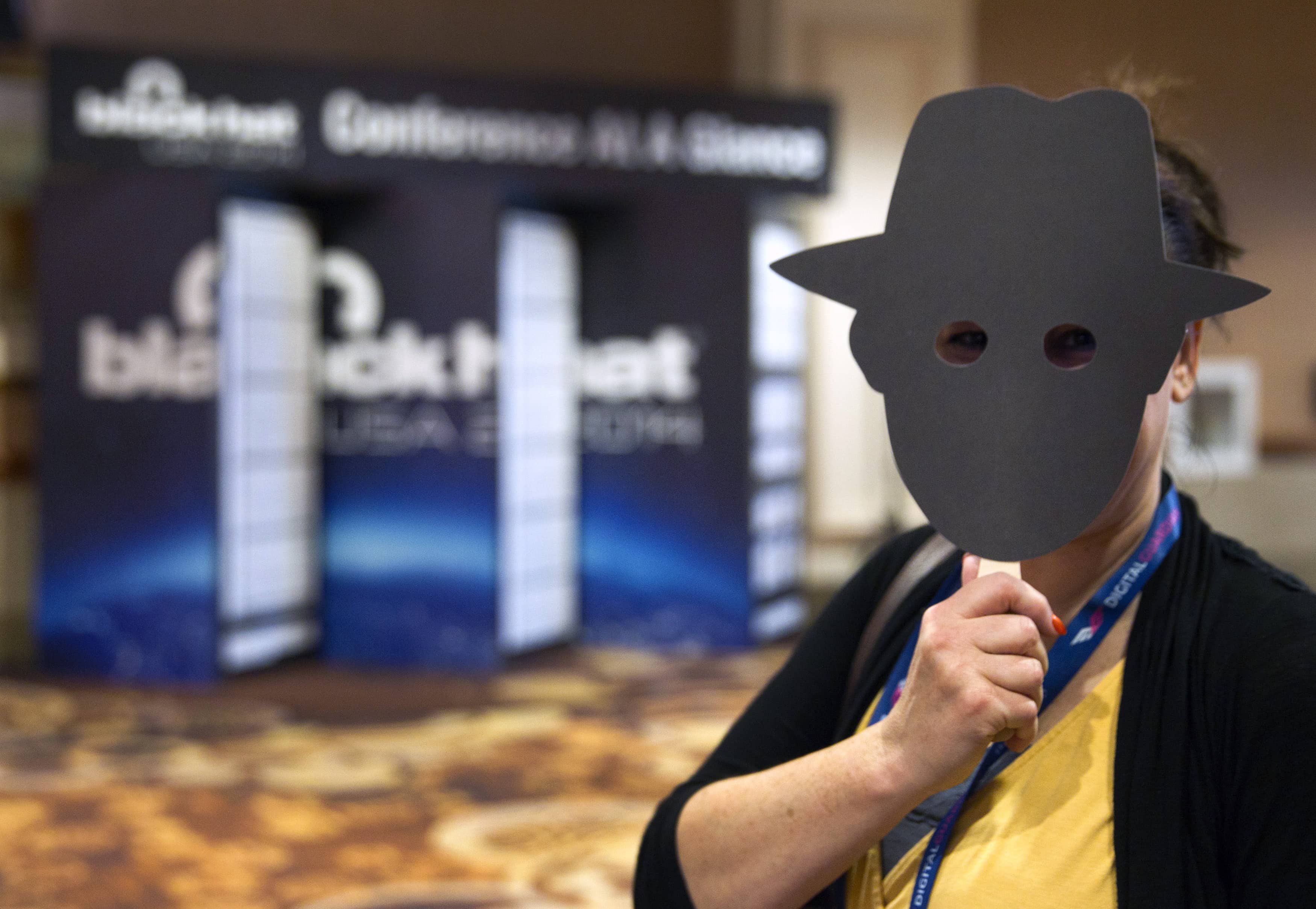 A mask that is part of a privacy awareness campaign is worn by a participant at a hacker conference in Las Vegas, 5 August 2014, REUTERS/Steve Marcus