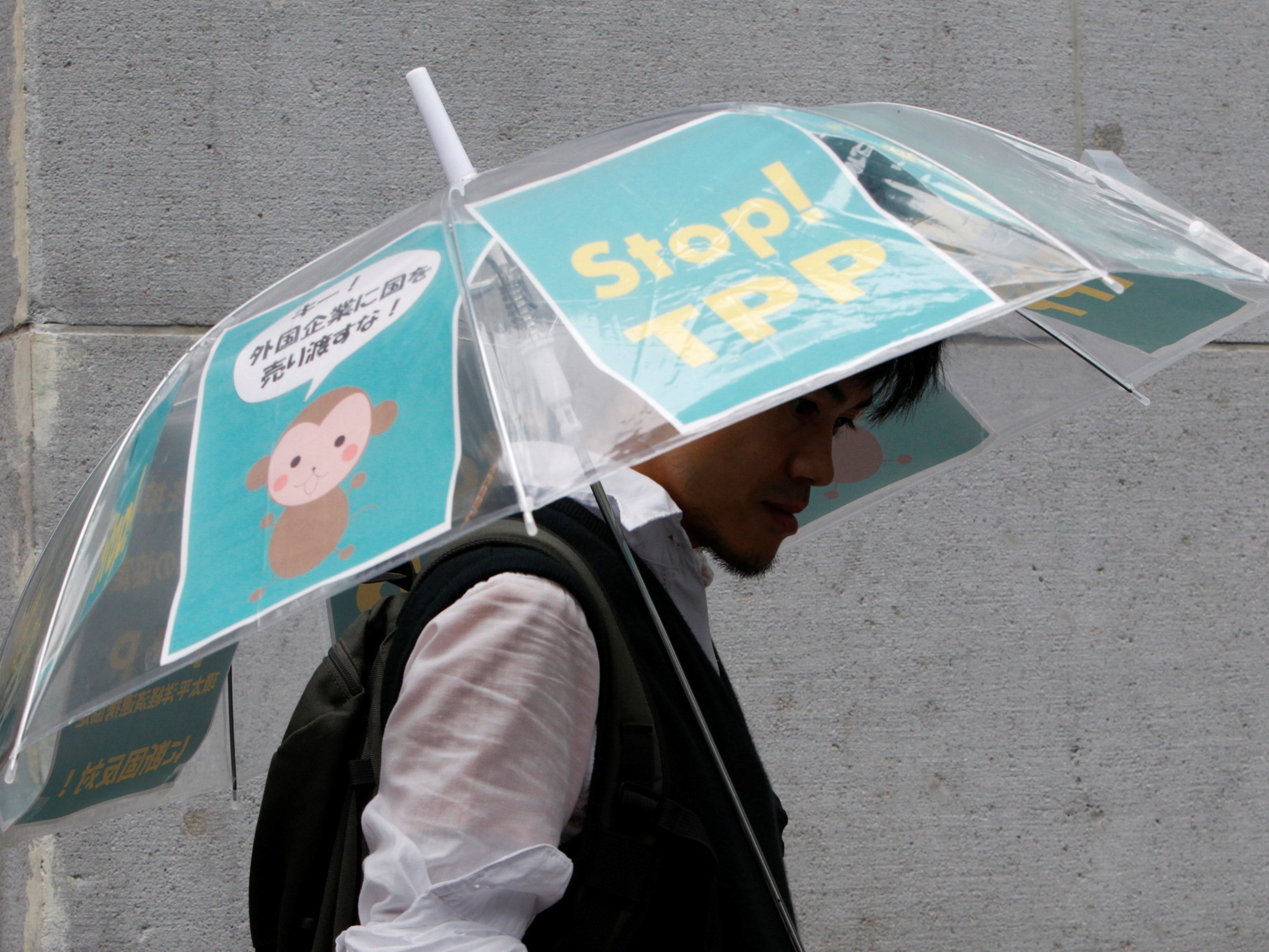 An Occupy Tokyo protester holds an umbrella during a rally against the TPP in Tokyo, 15 October 2011, REUTERS/Issei Kato